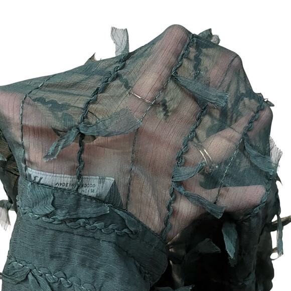 Zara Fringe Button Down Blouse Small Sheer Chiffon Dark Green Long Sleeve Goth - Picture 5 of 9